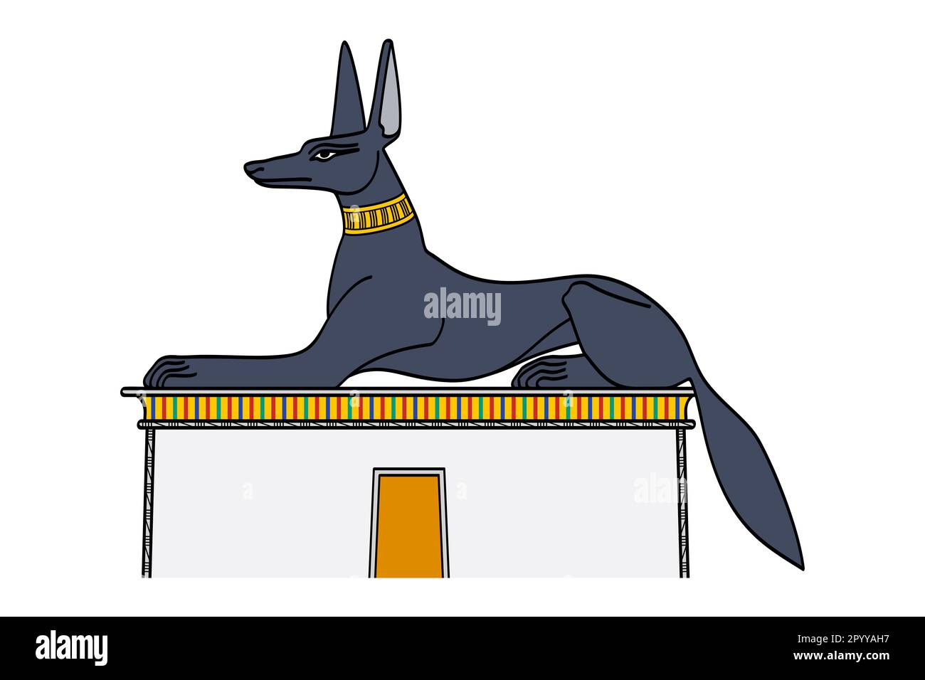Anubis as a jackal, perched atop a tomb. In ancient Egyptian religion god of funerary rites, protector of graves, and guide to the underworld. Stock Photo