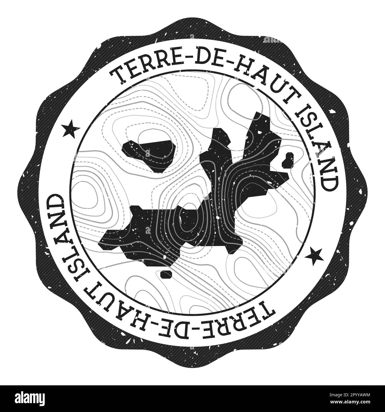 Terre-de-Haut Island outdoor stamp. Round sticker with map of island with topographic isolines. Vector illustration. Stock Vector