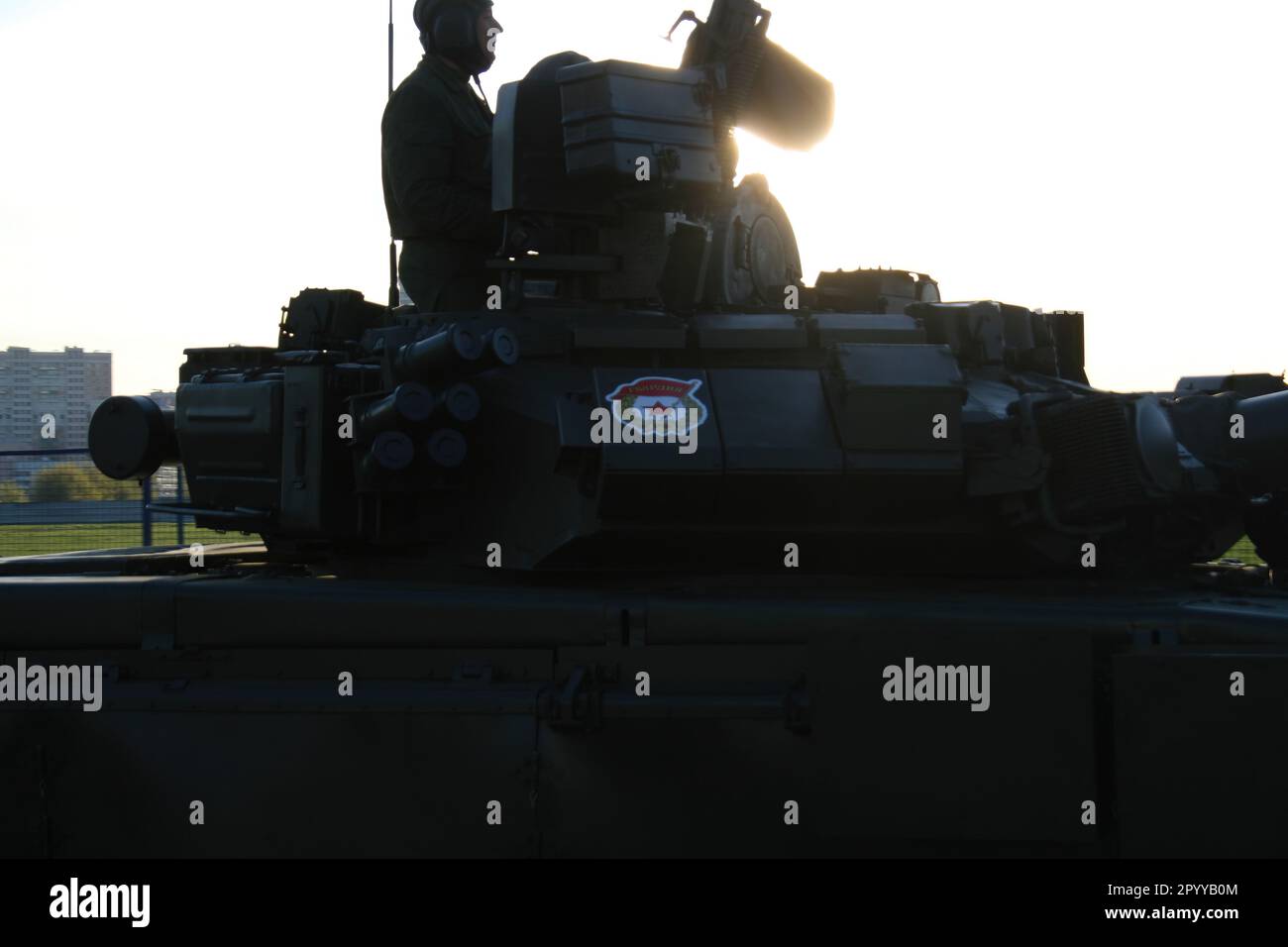 Rehearsal of the Victory Day parade in Moscow. A tanker rides on a tank. Stock Photo