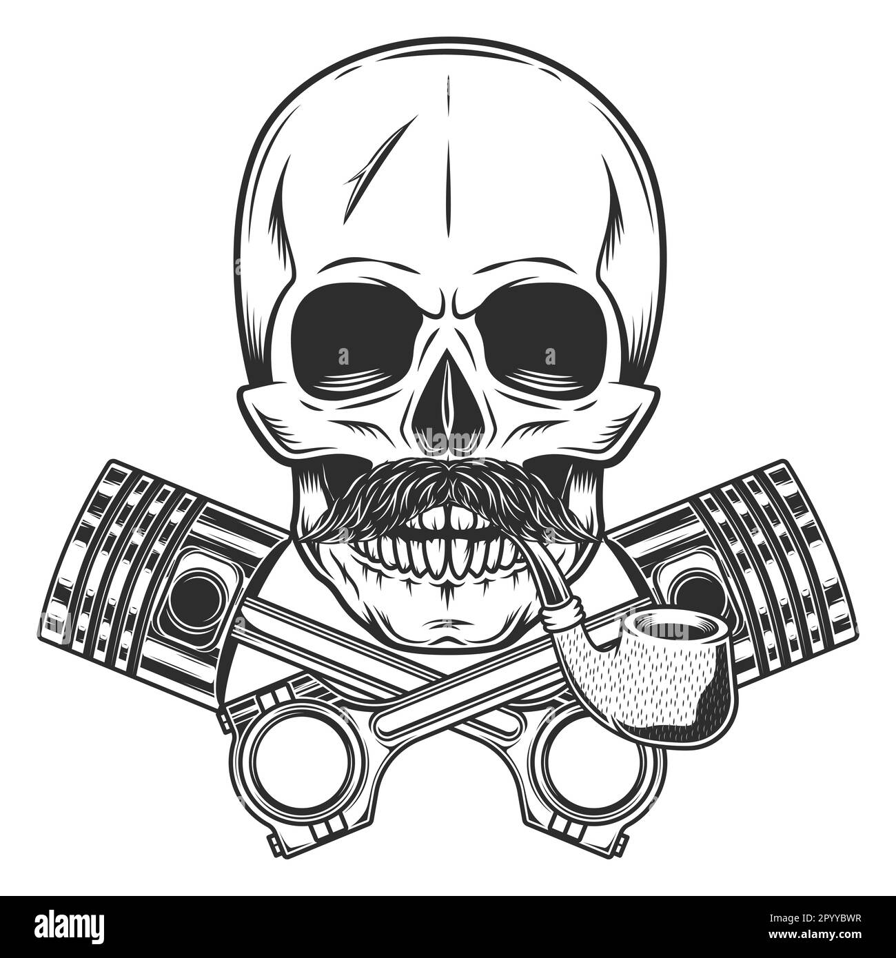 Motorcyclist Biker skull with mustache smoking pipe and crossed engine ...