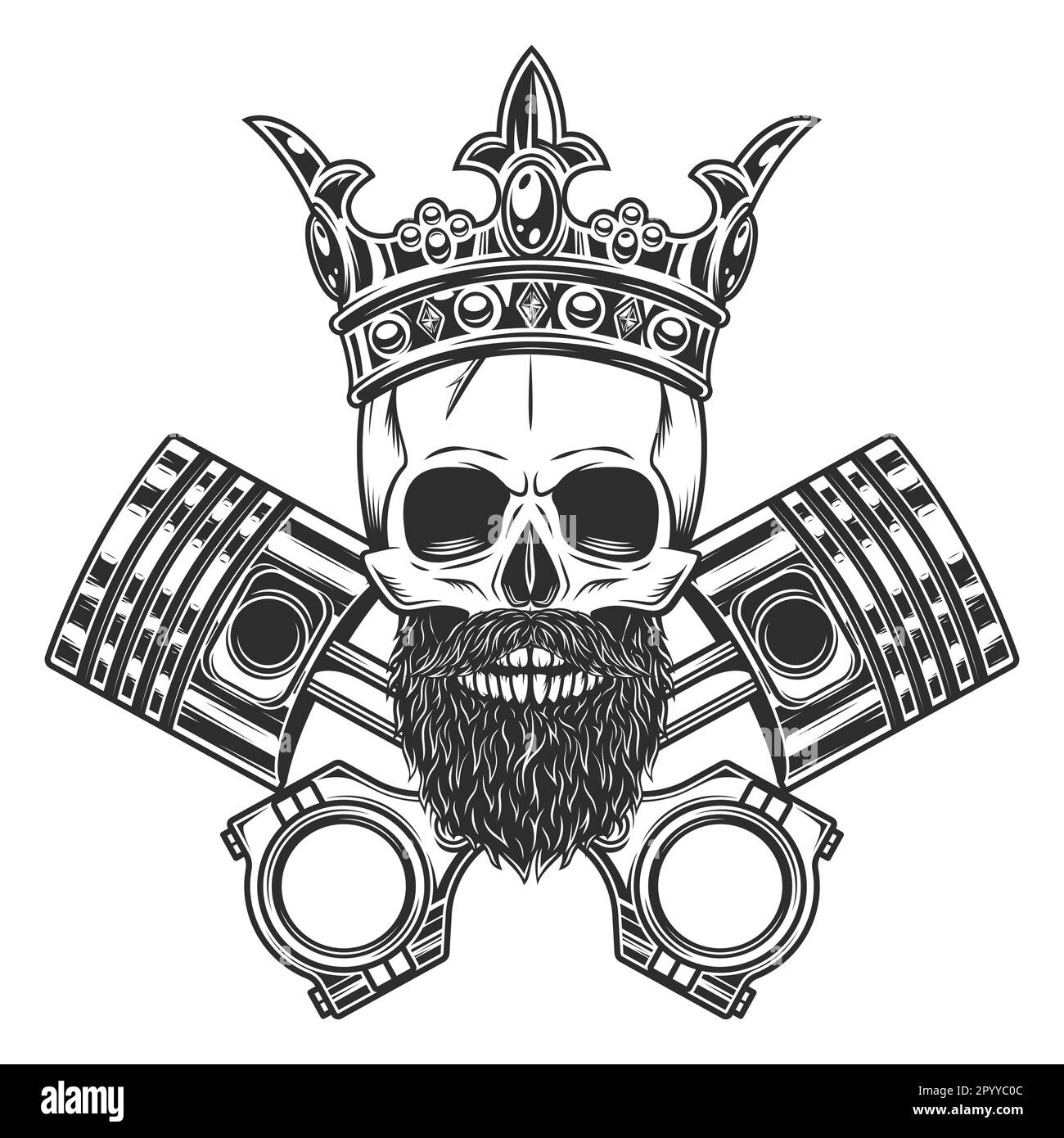 Biker skull in crown with beard and mustache with crossed engine ...
