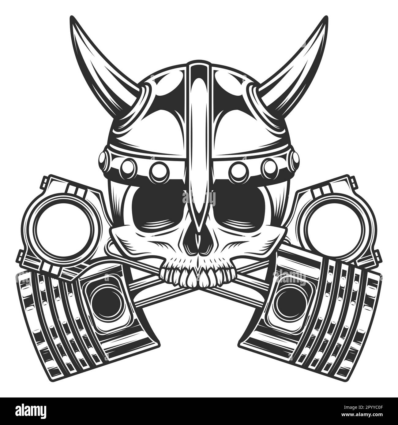 Biker skull without jaw in horned viking helmet with crossed engine pistons service repair motorcycle, car and truck business in vintage monochrome Stock Vector