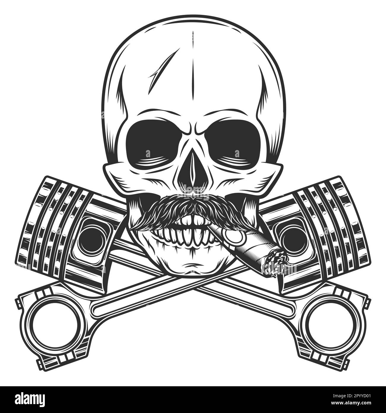 Biker skull with mustache smoking cigar or cigarette and crossed engine ...