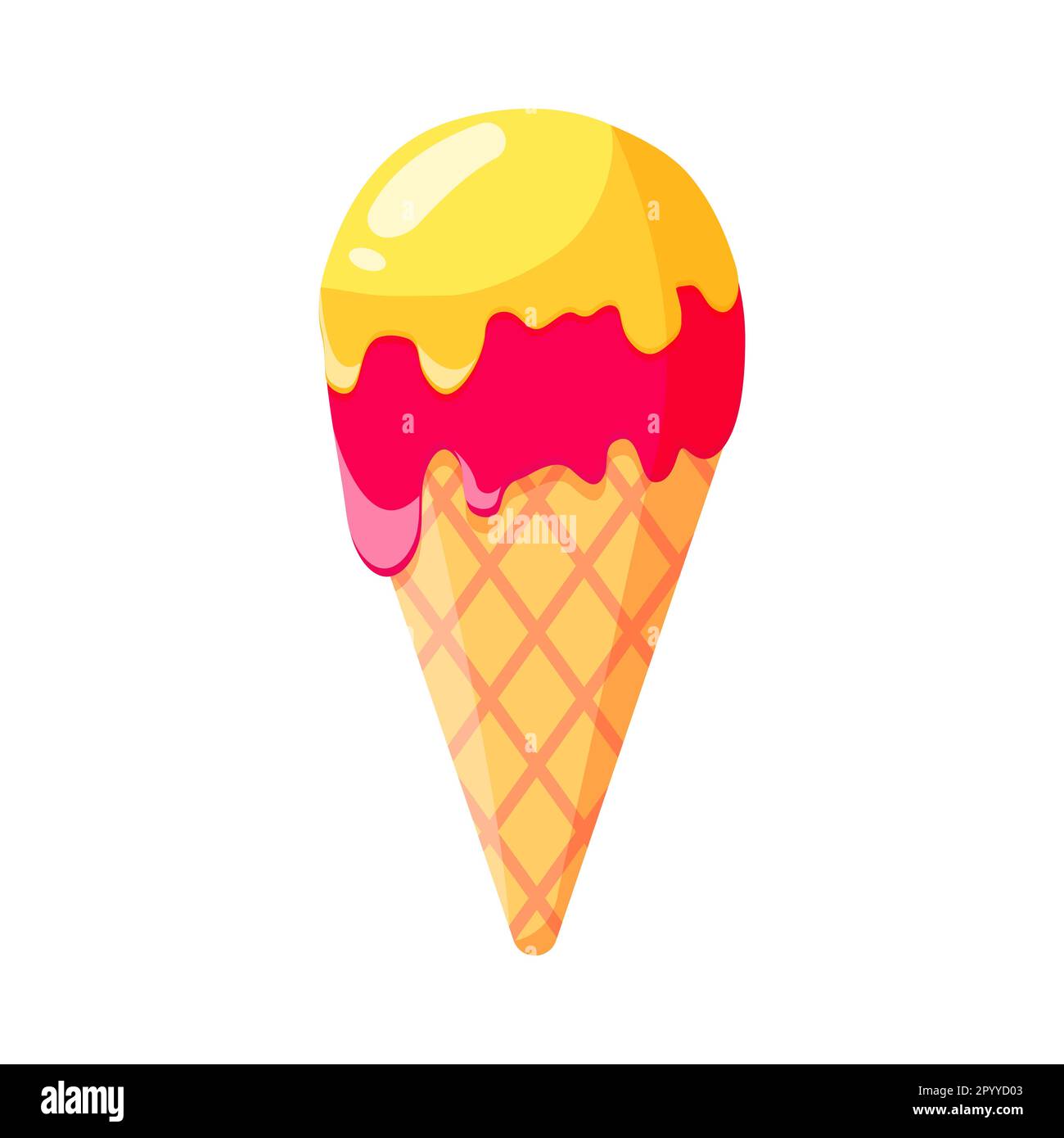 Vector illustration of ice cream in a waffle cone. Icecream in pink and ...