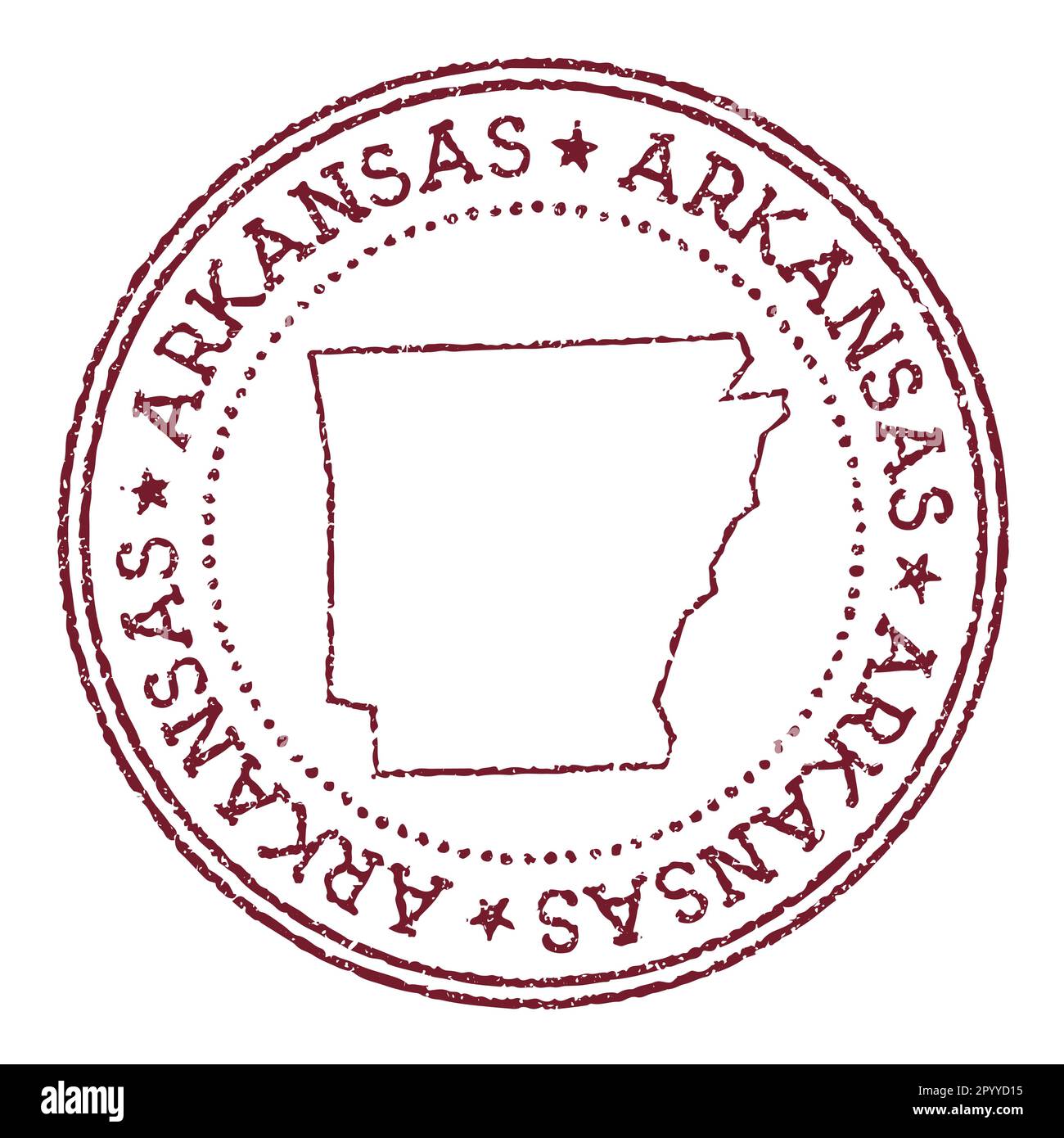 Arkansas round rubber stamp with us state map. Vintage red passport