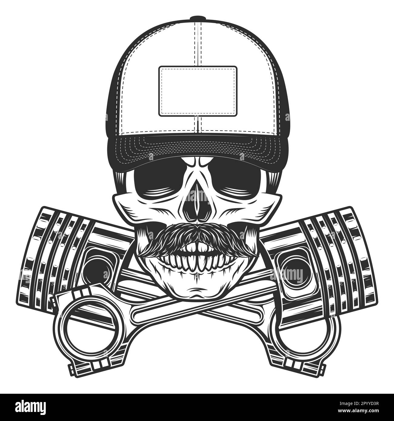 Motorcycle biker skull with mustache in baseball cap with crossed ...