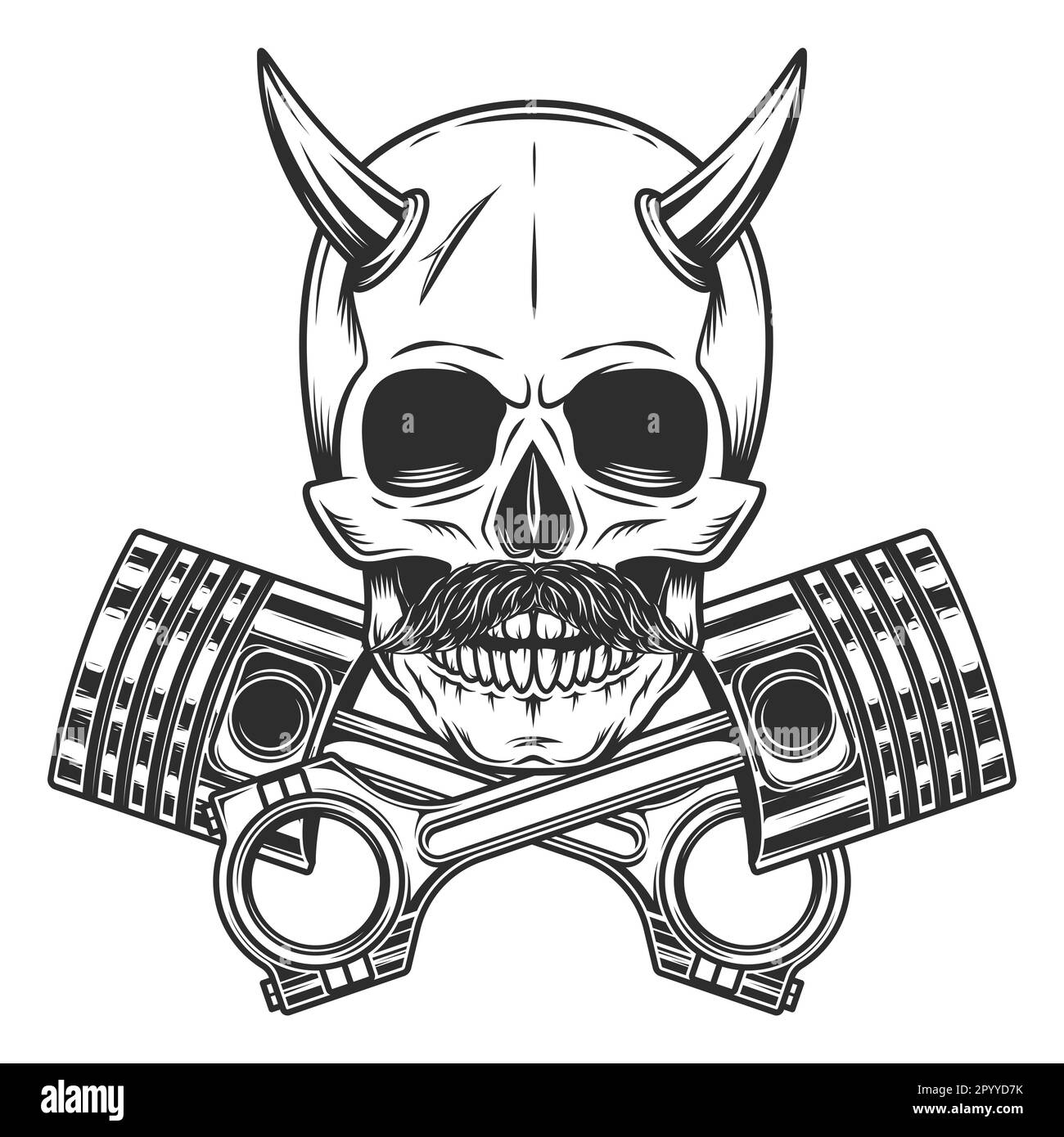 Horned biker skull with horn and mustache with crossed engine pistons