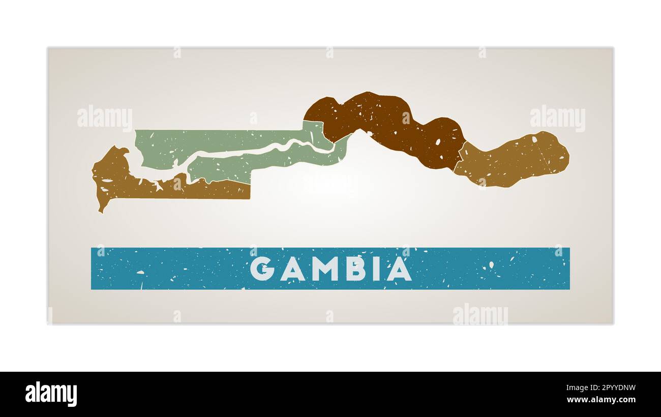 Gambia Map. Country Poster With Regions. Old Grunge Texture. Shape Of 