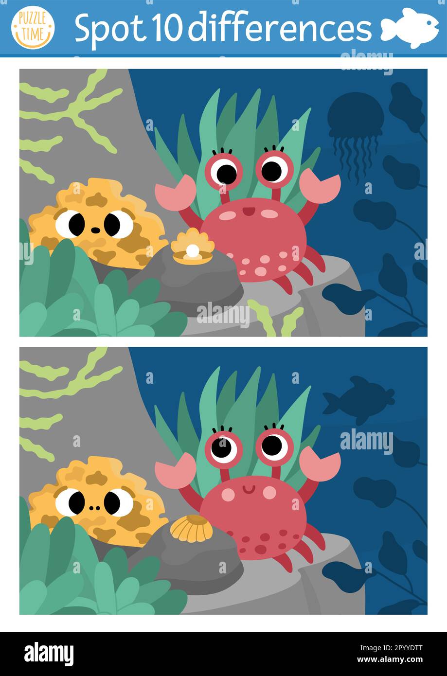 Find differences game for children. Black and white educational activity  with cute crab, sponge, sea landscape. Ocean life line puzzle for kids with  b Stock Vector Image & Art - Alamy