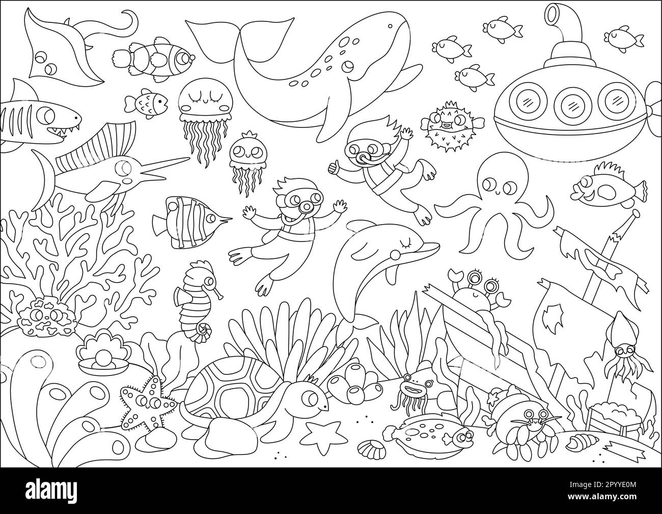 Vector black and white under the sea landscape illustration. Ocean life line scene with animals, dolphin, whale, submarine, divers, wrecked ship. Hori Stock Vector