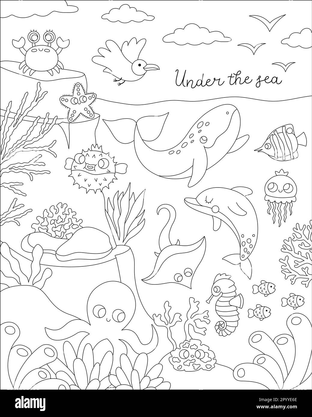 Vector black and white under the sea landscape illustration with rock slope. Ocean life line scene with animals, dolphin, whale, shark, seagull, sun. Stock Vector