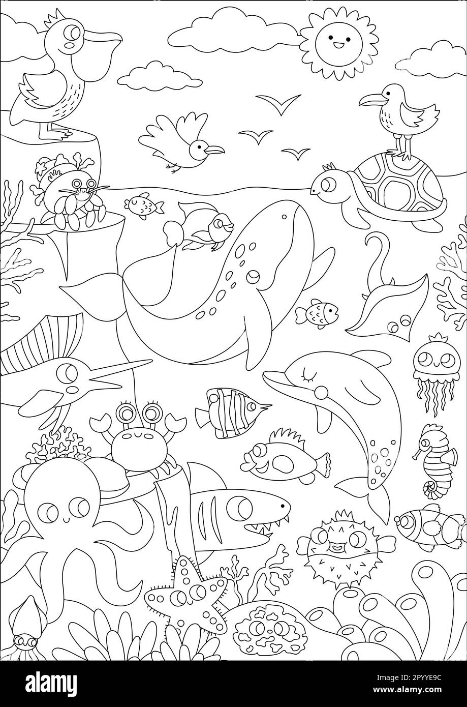 Vector black and white under the sea landscape illustration with rock slope. Ocean life line scene with animals, dolphin, whale, seagull, pelican. Ver Stock Vector