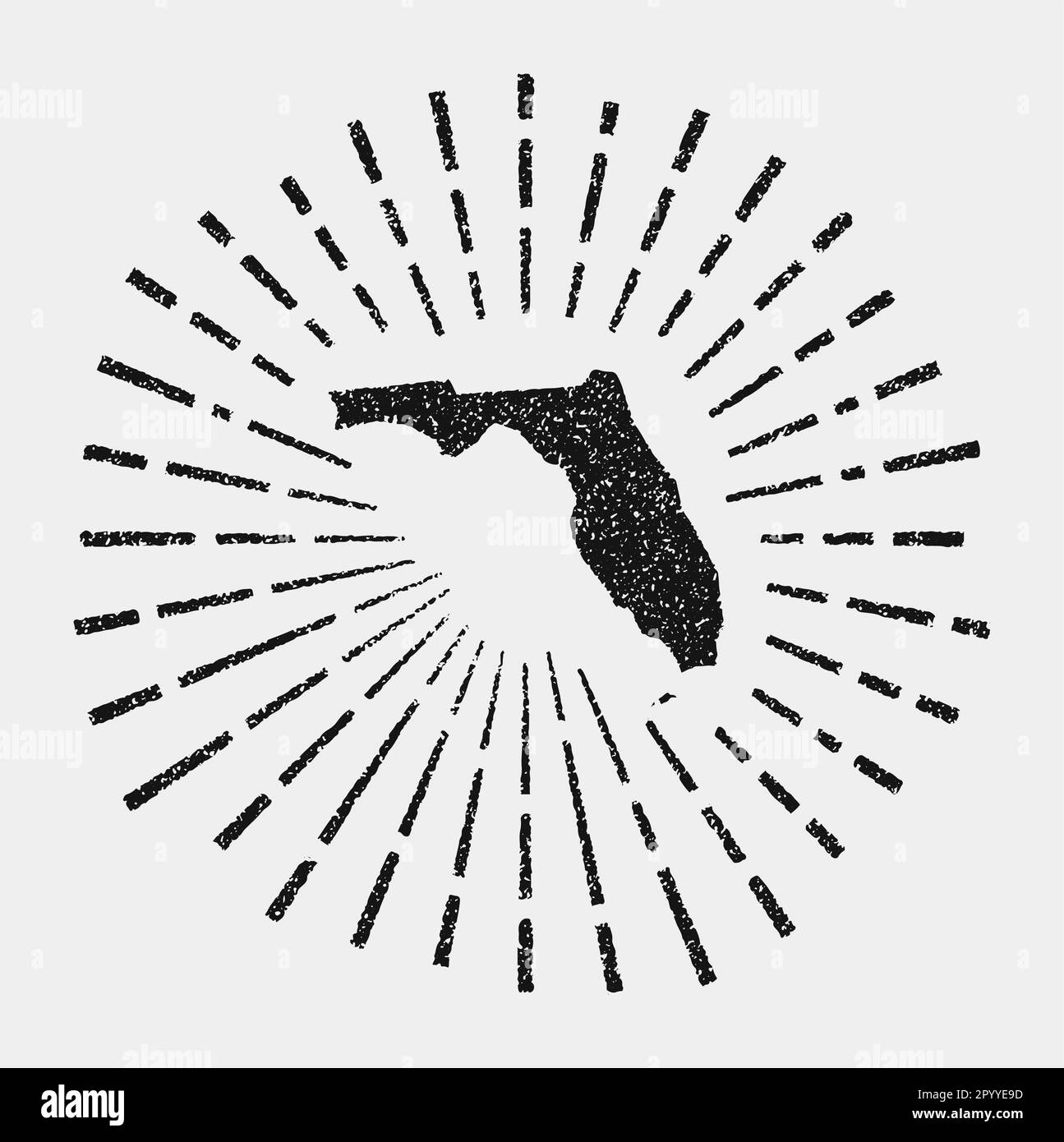 Vintage map of Florida. Grunge sunburst around the us state. Black