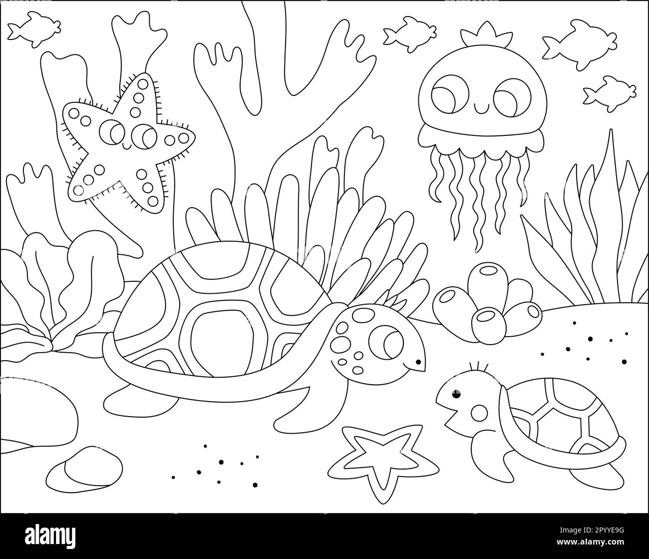 Vector black and white under the sea landscape illustration with tortoise and baby. Ocean life line scene with sand, seaweeds, corals, reefs. Cute hor Stock Vector