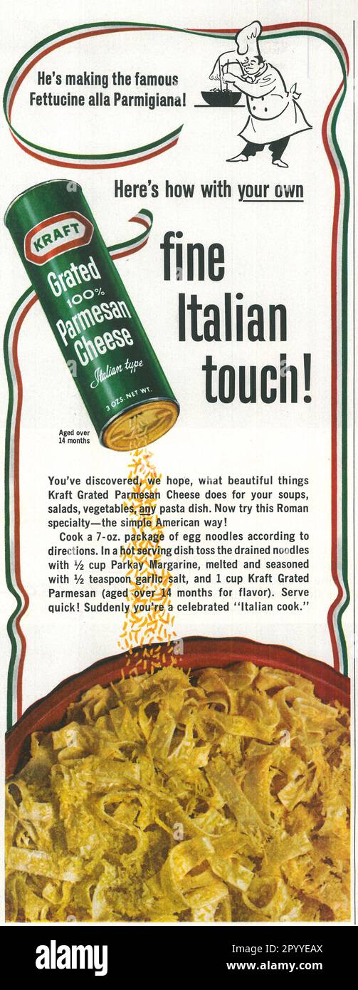 https://c8.alamy.com/comp/2PYYEAX/kraft-grated-parmesan-cheese-advert-in-a-journal-magazine-february-1965-2PYYEAX.jpg