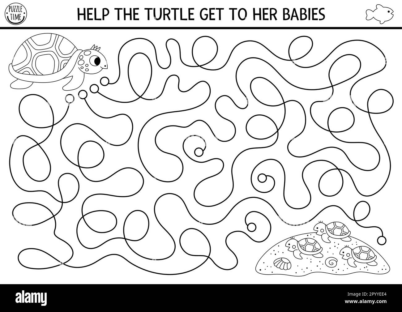Under the sea black and white maze for kids with tortoise, seashells, sand. Ocean or mothers day line preschool printable activity. Water labyrinth ga Stock Vector