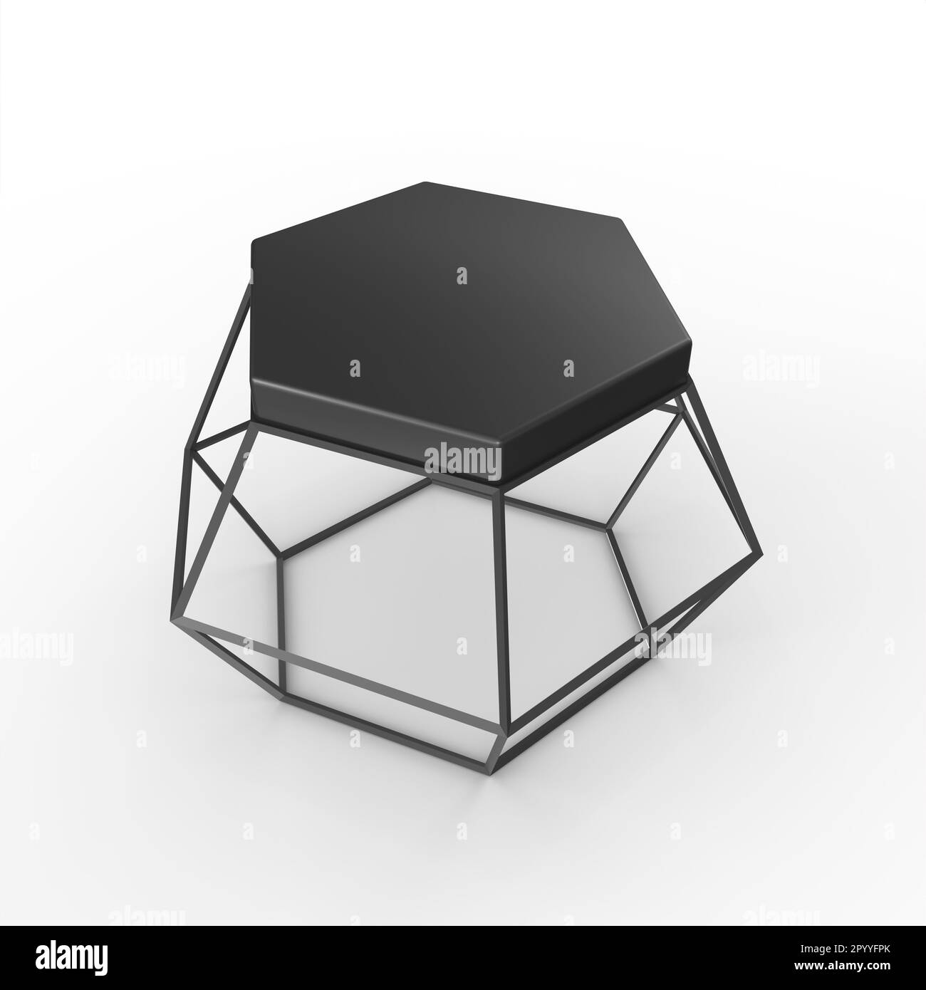 A modern black coffee table with a hexagonal design is isolated on a