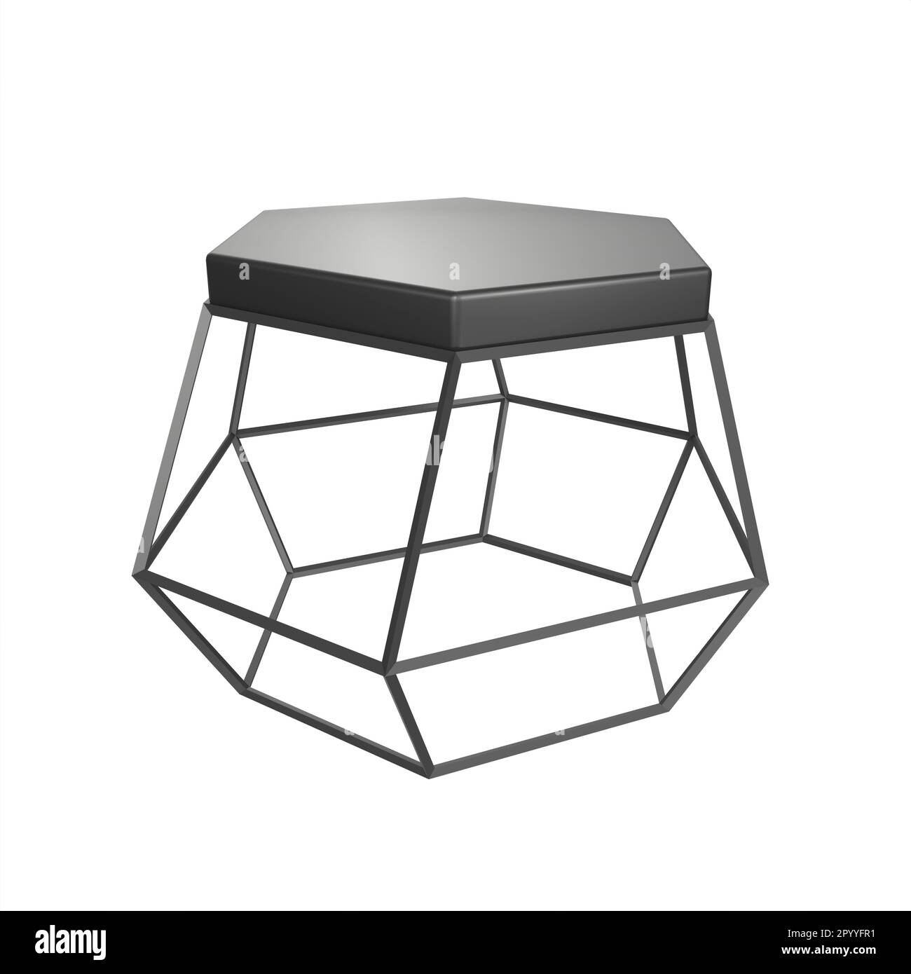 A modern hexagonal black coffee table, isolated on a white background