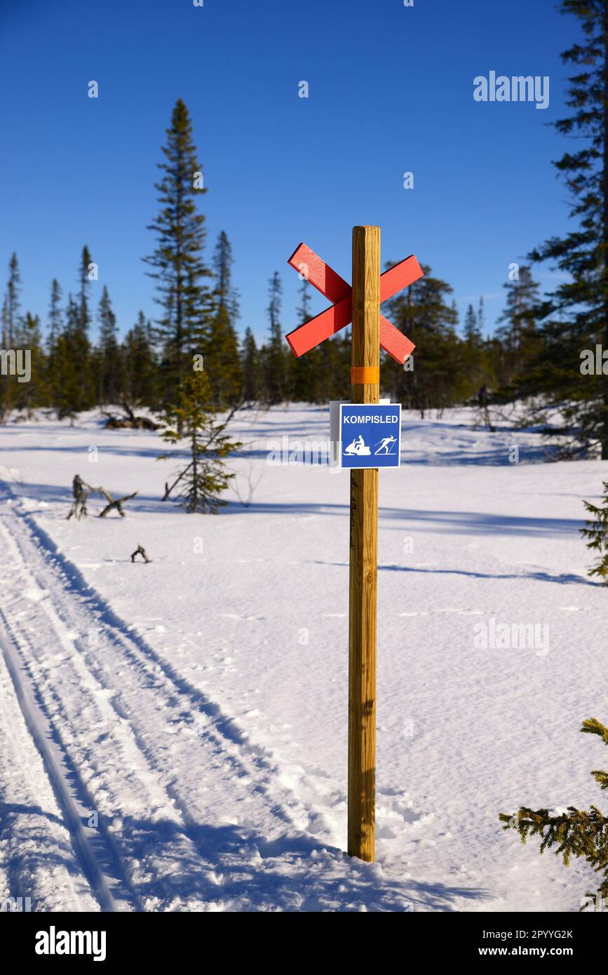 Trail mark for snowmobiles and cross-skiing Stock Photo