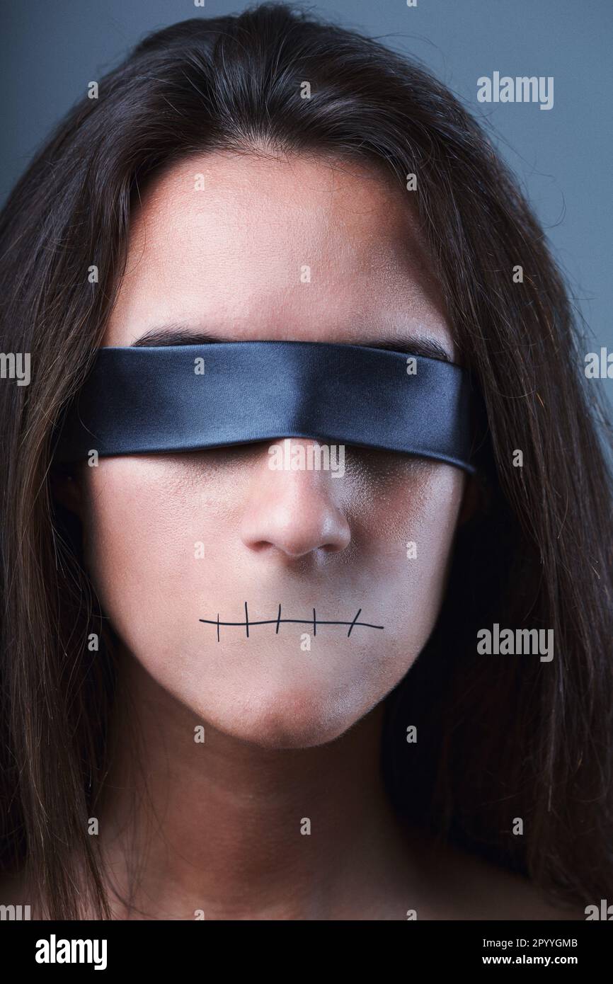 Serious Woman Adjusts Blindfold Over Her Eyes Stock Photo, Picture and  Royalty Free Image. Image 70769576.