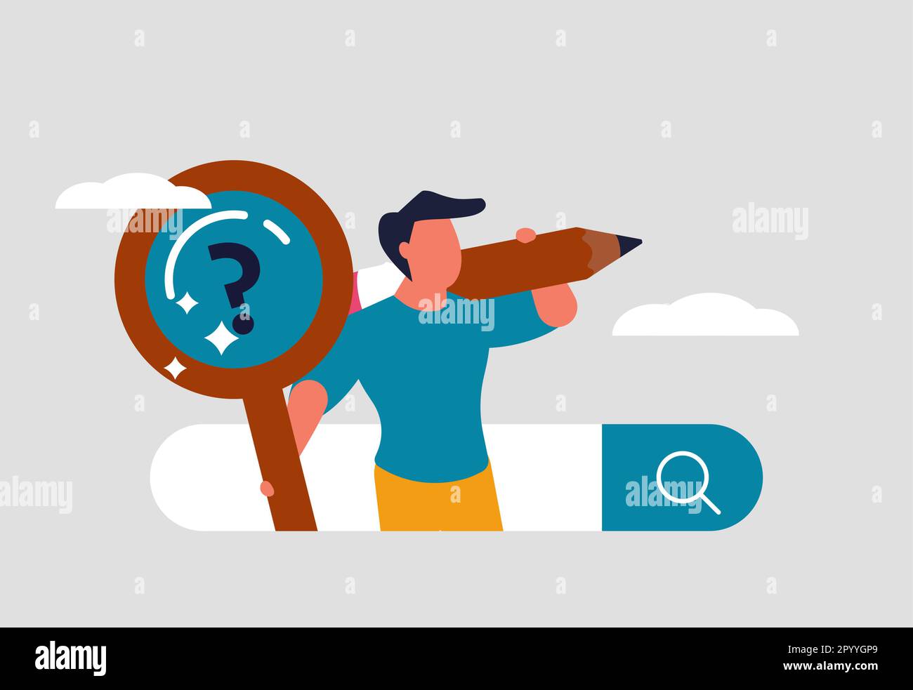 Internet search and research, search engine. Search for information or a new job remotely. A man with a magnifying glass visits sites and receives dat Stock Vector