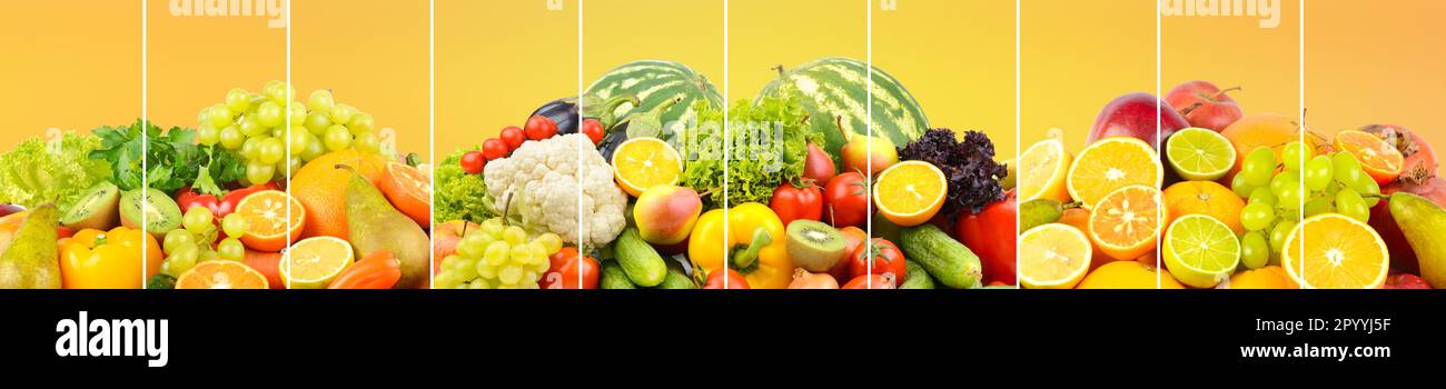 Delicious fresh vegetables, fruits, vegetables on blurred orange background. Stock Photo