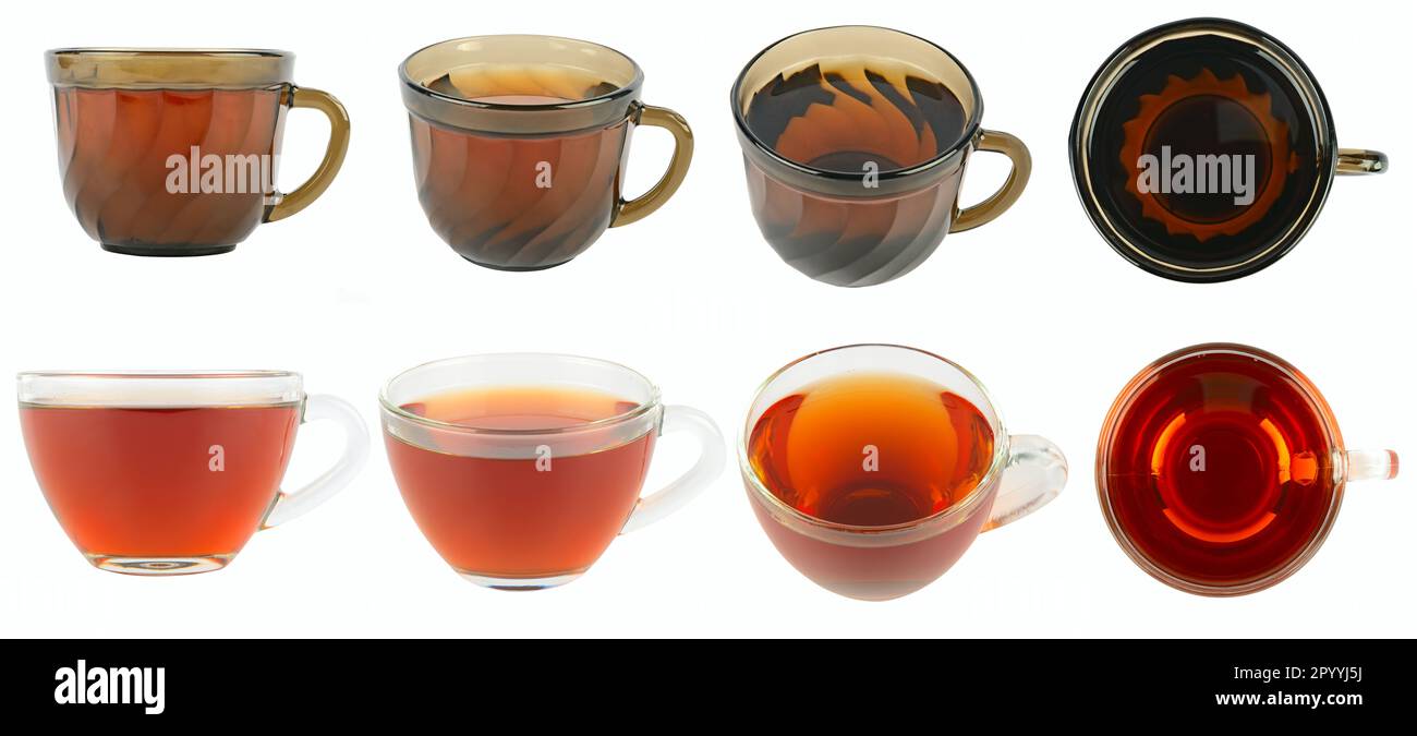 Cup of black tea from different angles isolated on white background Stock Photo