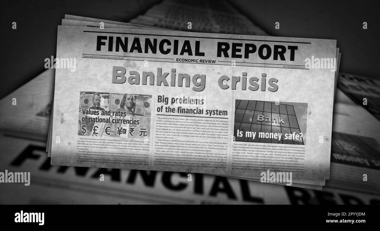 Banking crisis economy finance and global recession vintage news and newspaper printing. Abstract concept retro headlines 3d illustration. Stock Photo