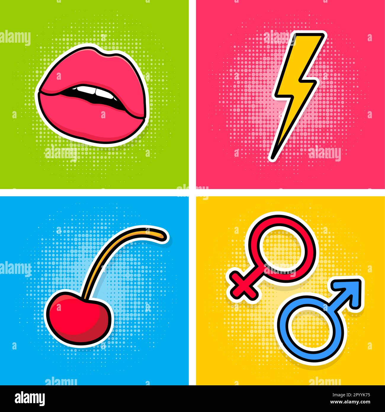 Pop Art Poster Cherry And Bomb Lightning And Gender Symbols Elements On A Multi Colored