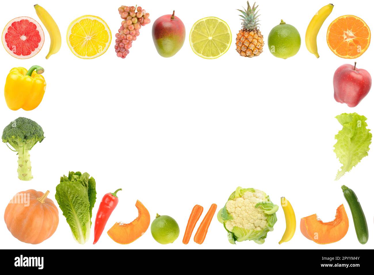 Frame of fresh and healthy vegetables and cut fruits isolated on white background. Stock Photo