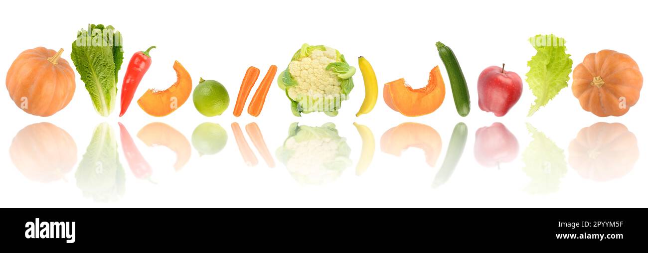 Fresh cut fruits and vegetables with light reflection isolated on white