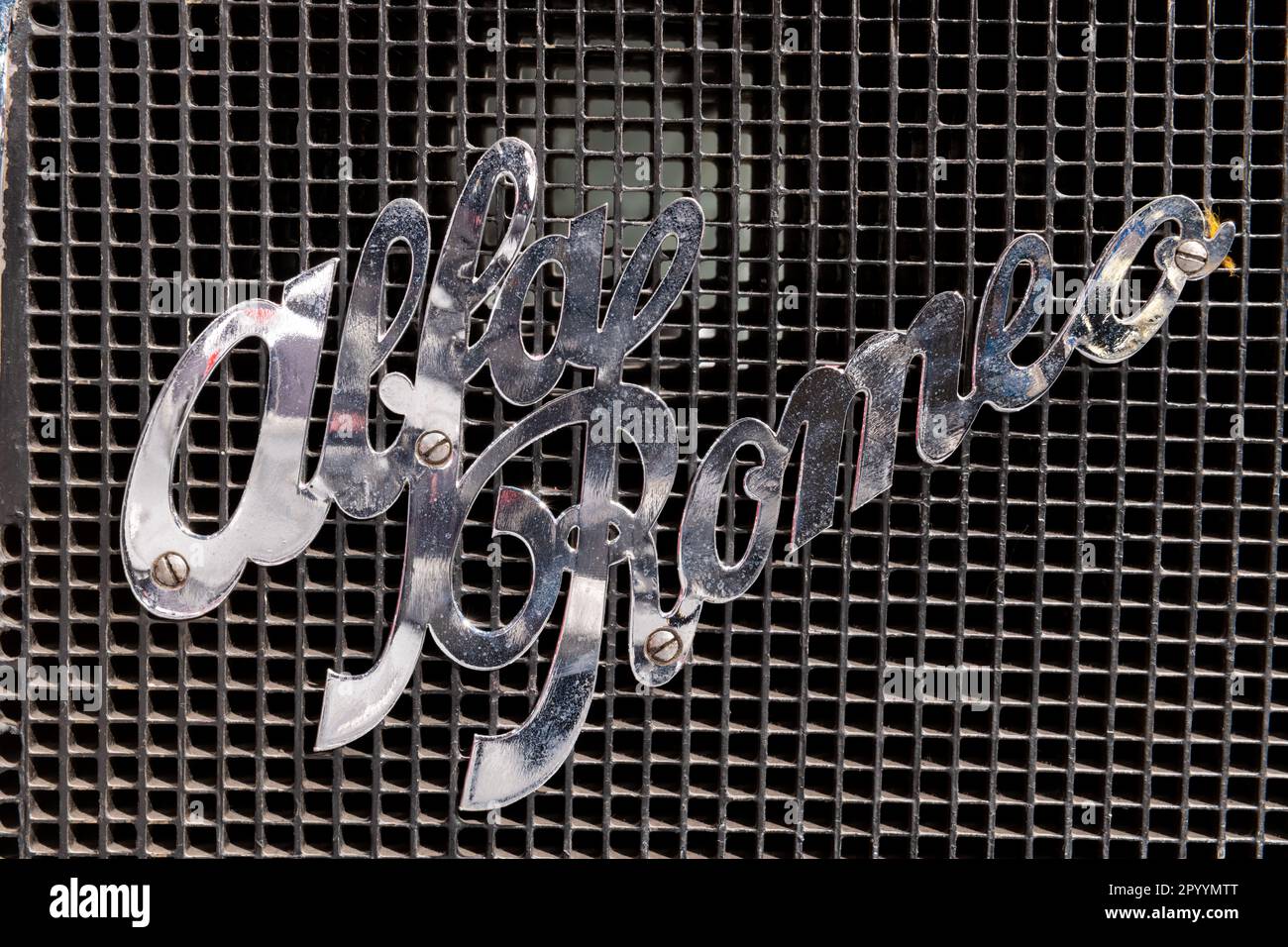 Sparkford.Somerset.United Kingdom.March 26th 2023.Close up of the logo on a 1930 Alfa Romeo 6C 1750 Gran Tourismo at the Haynes Motor Museum in Somers Stock Photo