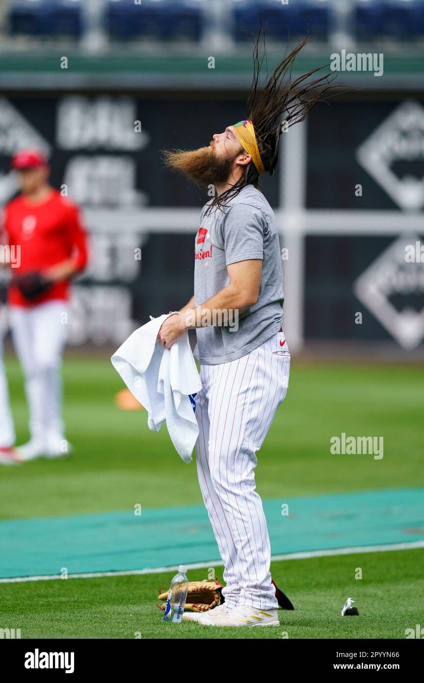 Philadelphia Phillies' Brandon Marsh tosses his wet hair up prior to a  baseball game against the Boston Red Sox, Friday, May 5, 2023, in  Philadelphia. (AP Photo/Chris Szagola Stock Photo - Alamy