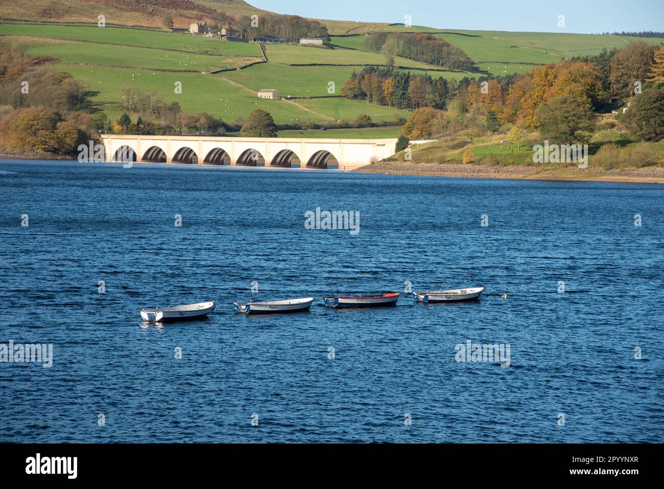 The two viaducts, Ashopton and Ladybower, needed to carry the trunk roads over the reservoir at UK Stock Photo