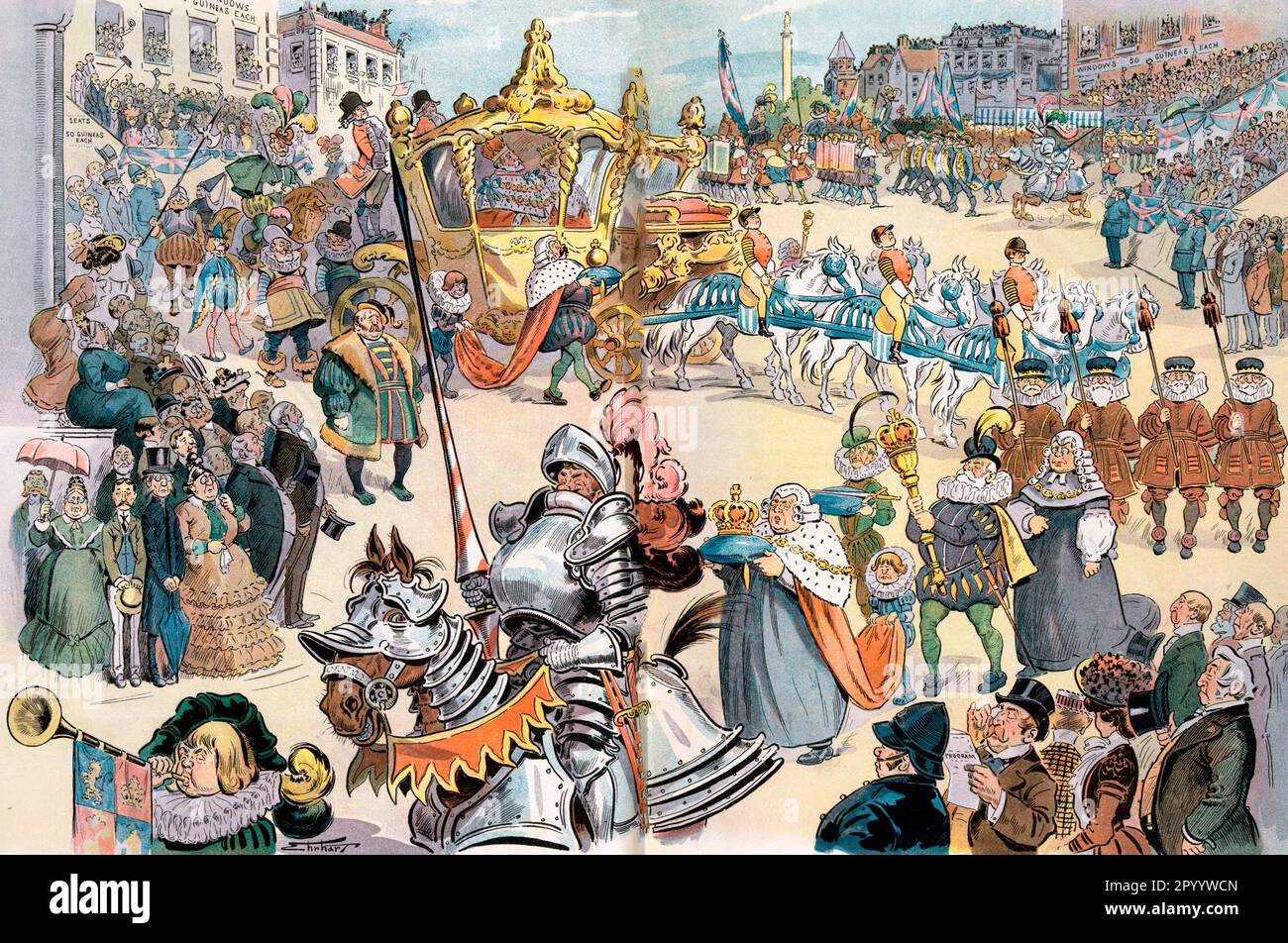 The greatest show on earth now in London - Illustration shows the procession for the coronation of Edward VII, King of Great Britain; many of those participating in the pageantry are wearing medieval costume, 1902 Stock Photo