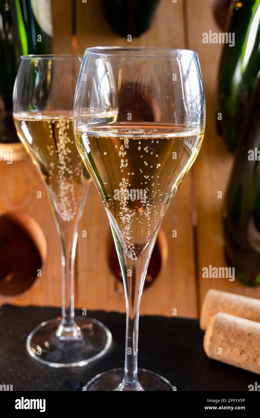 Glasses of sparkling white wine champagne gran cru or cava with bubbles