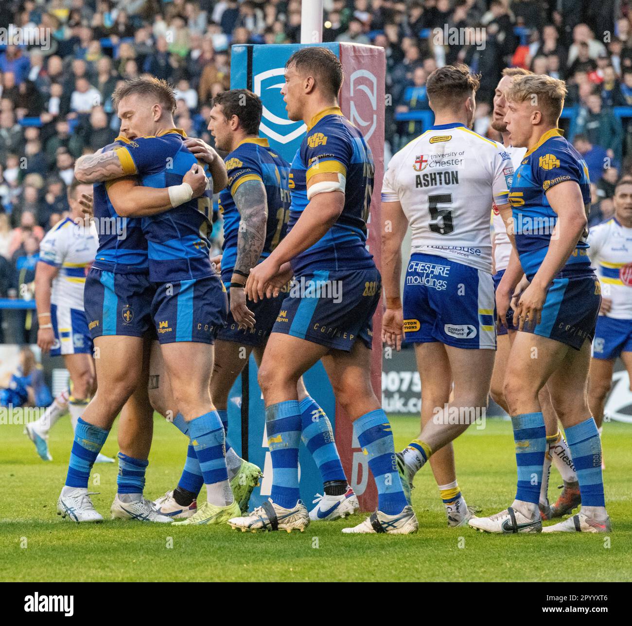 Warrington, Cheshire, England 5th May 2023. Wakefield celebrates Morgan Smith try, during Warrington Wolves Rugby League Football Club V Wakefield Trinity Rugby League Football Club at the Halliwell Jones Stadium, the Betfred Super League. (Credit Image: ©Cody Froggatt/Alamy live news) Stock Photo