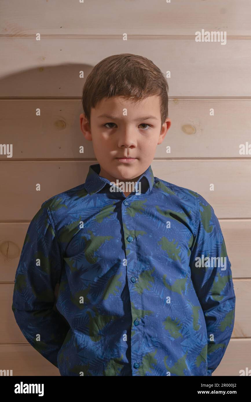 Portrait of a boy 8 years old brunette in a blue shirt. A very serious look. Stock Photo