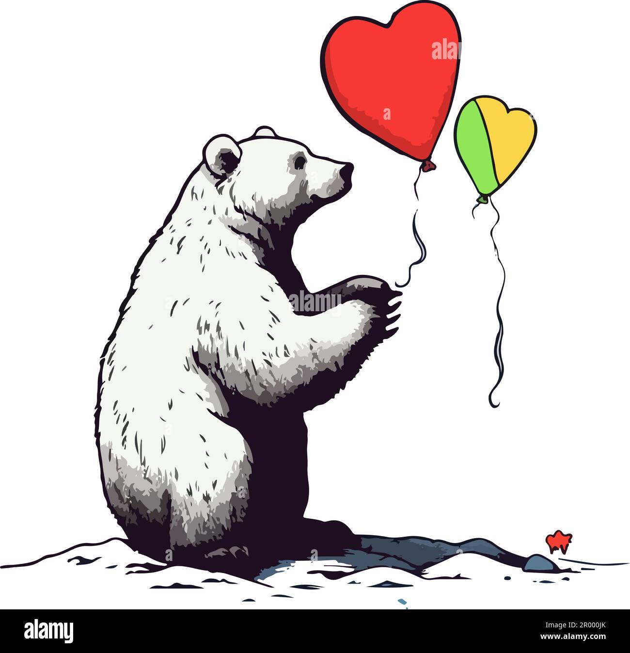 Vector of polar bear holding two heart, red and green yellow balloons, line drawing vector Stock Vector