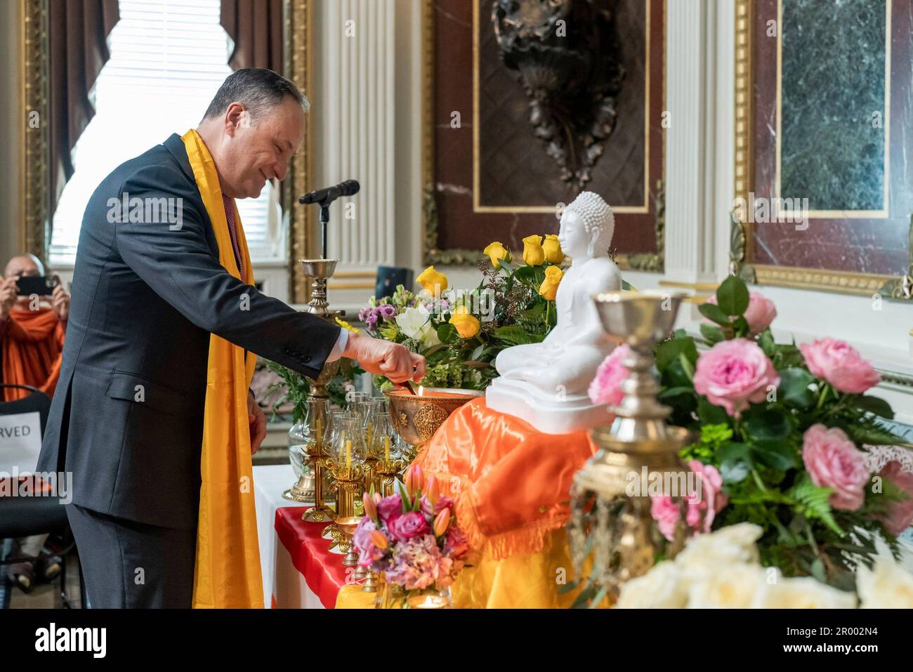 Washington, United States Of America. 05th May, 2023. Washington, United States of America. 05 May, 2023. U.S Second Gentleman Doug Emhoff, lights a candle as he hosts a Vesak Day celebration at Eisenhower Executive Office Building of the White House, May 5, 2022 in Washington, DC Vesak Day commemorates the Buddha's birth, death and enlightenment and celebrated by 250 million Buddhists worldwide. Credit: Lawrence Jackson/White House Photo/Alamy Live News Stock Photo