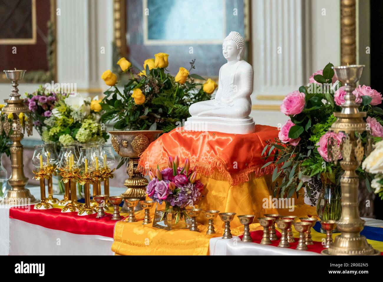 Washington, United States Of America. 05th May, 2023. Washington, United States of America. 05 May, 2023. A statue of Buddha during a Vesak Day celebration hosted by Second Gentleman Doug Emhoff at Eisenhower Executive Office Building of the White House, May 5, 2022 in Washington, DC Vesak Day commemorates the Buddha's birth, death and enlightenment and celebrated by 250 million Buddhists worldwide. Credit: Lawrence Jackson/White House Photo/Alamy Live News Stock Photo
