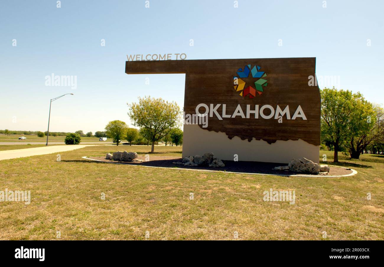 Welcome to Oklahoma sign at the OK Welcome Center, USA. Stock Photo