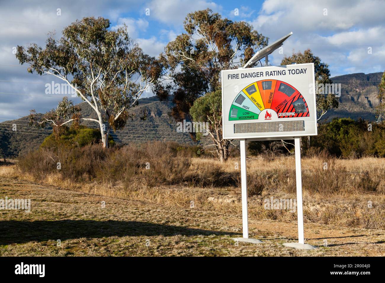 fire danger rating today sign with digital indicator making it hard to see Stock Photo