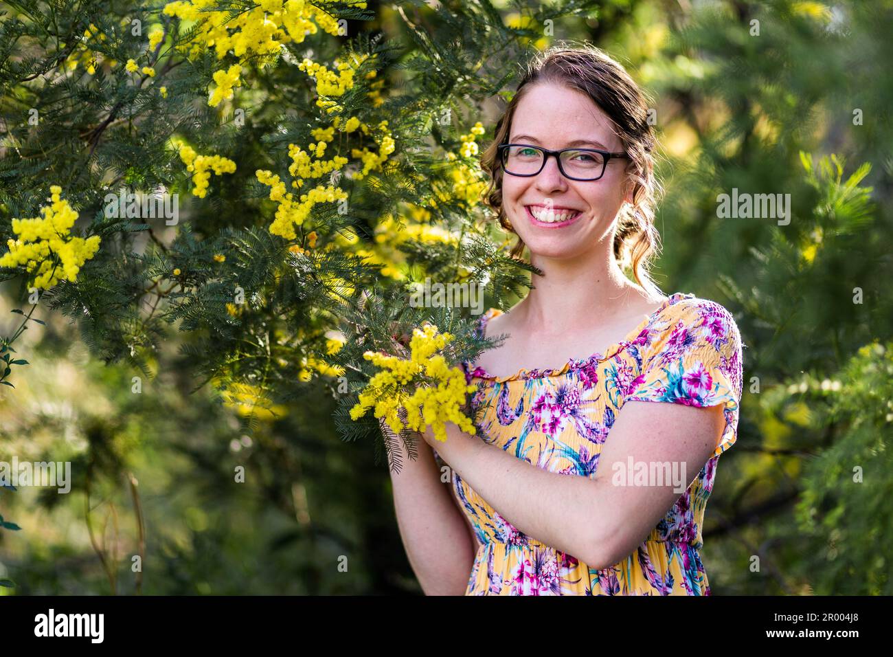 Happy young australian teen person standing by golden wattle bush in flower Stock Photo