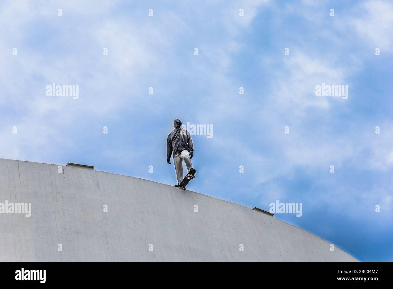 sculptural street installation of a skateboarder by the Amercan artist Mark Jenkins on top of the Culturalk Centre Le Havre, otherwise knon as 'The Vo Stock Photo