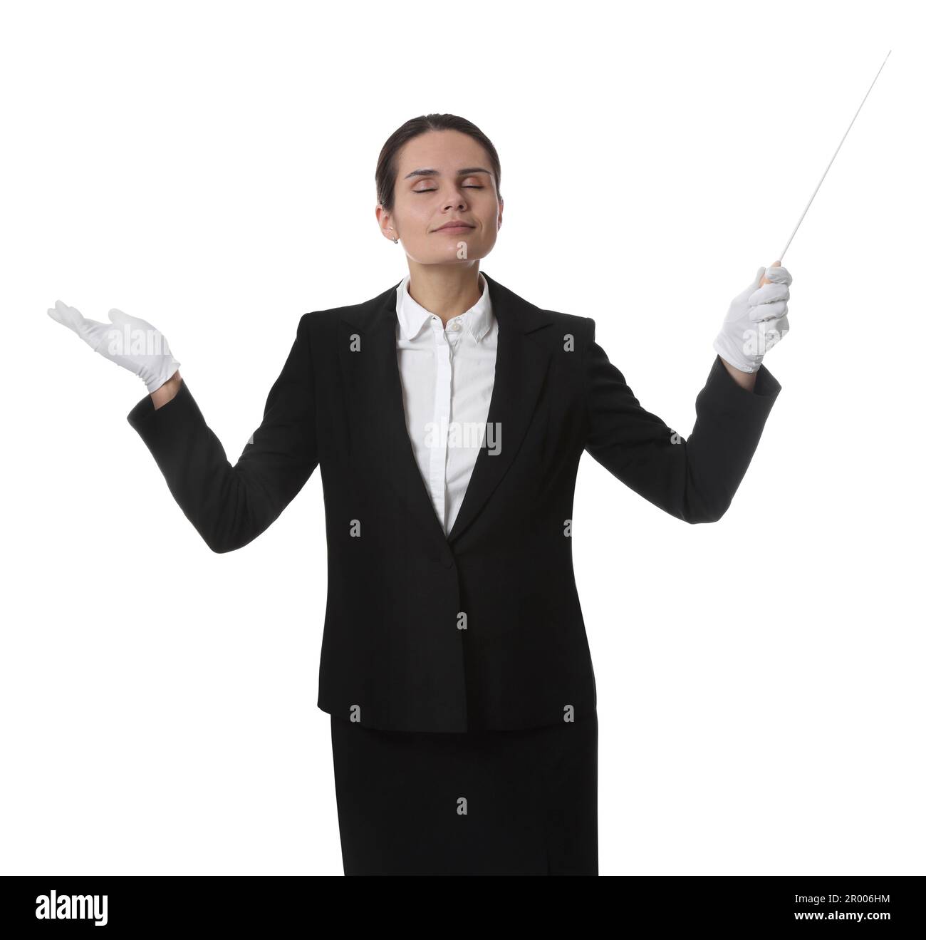 Professional young conductor with baton on white background Stock Photo Alamy