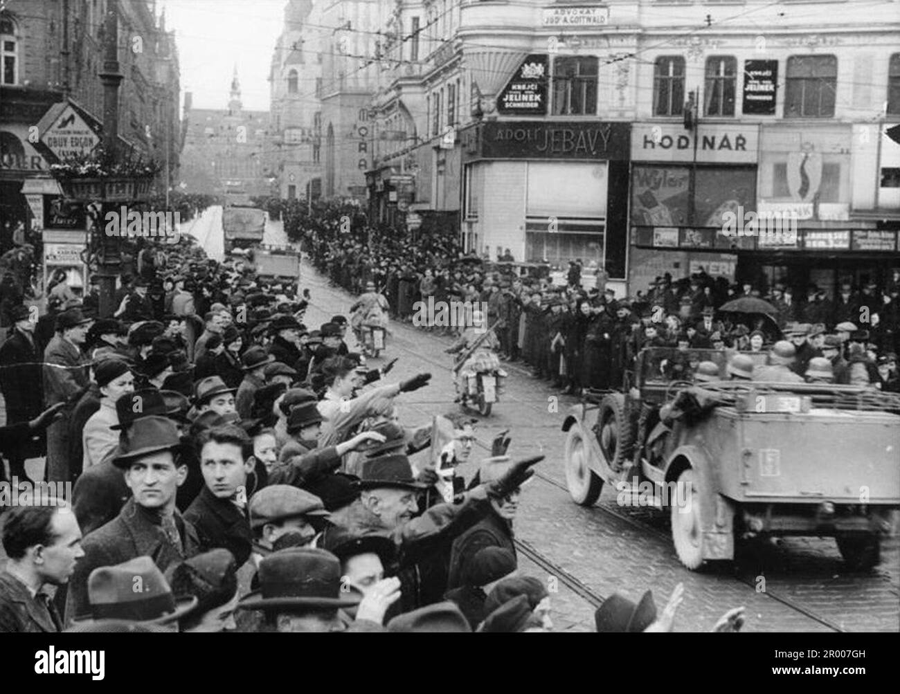 Crowds fill the streets of Brünn in Czecholslovakia after the annexation of the Sudetenland. After the annexation of Austria, Hitler demanded that he be given the Sudeten region of Czechoslovakia. At the Munich conference in September 1938 the Western powers agreed to this and the nazis occupied the area. Not long after Hitler broke his promise and invaded the rest of Czechoslovakia before turning his attention to Poland. Bundesarchiv, Bild 183-2004-0813-500 / Unknown / CC-BY-SA 3.0 Stock Photo
