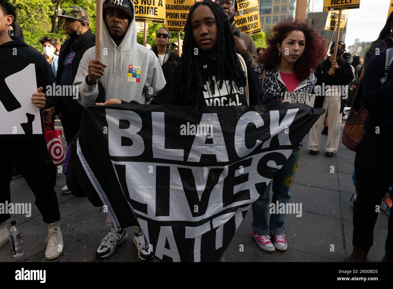 New York, New York, USA. 5th May, 2023. Demonstrators protest the killing of Jordan Neely during a demonstration at WAshtington Square Park in lower Manhattan. Neely, a homeless person as well as a New York Subway entertainer and often imitating Michael Jackson was put into a strangle hold and subsequently died by a subway rider and ex-marine and pinned down by two other riders Charges are pending for the death of Neely. (Credit Image: © Brian Branch Price/ZUMA Press Wire) EDITORIAL USAGE ONLY! Not for Commercial USAGE! Stock Photo