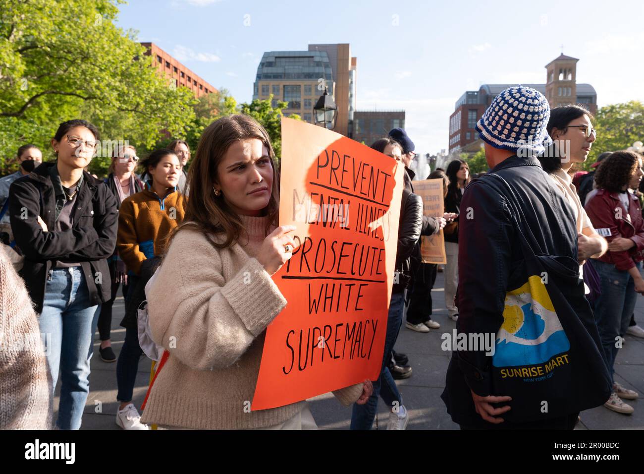 New York, New York, USA. 5th May, 2023. Demonstrators protest the killing of Jordan Neely during a demonstration at WAshtington Square Park in lower Manhattan. Neely, a homeless person as well as a New York Subway entertainer and often imitating Michael Jackson was put into a strangle hold and subsequently died by a subway rider and ex-marine and pinned down by two other riders Charges are pending for the death of Neely. (Credit Image: © Brian Branch Price/ZUMA Press Wire) EDITORIAL USAGE ONLY! Not for Commercial USAGE! Stock Photo