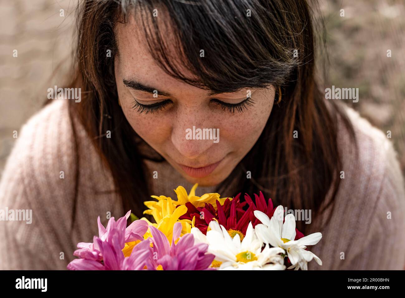 High angle view of a young woman smelling a bouquet of daisies in her hands. Close-up. Stock Photo